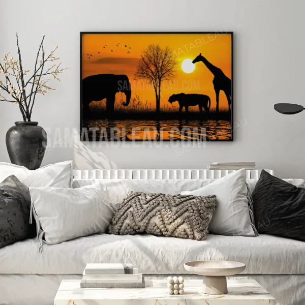 tableau-photo-elephant-lion-giraffe-coucher-de-soleil-samatableau-01